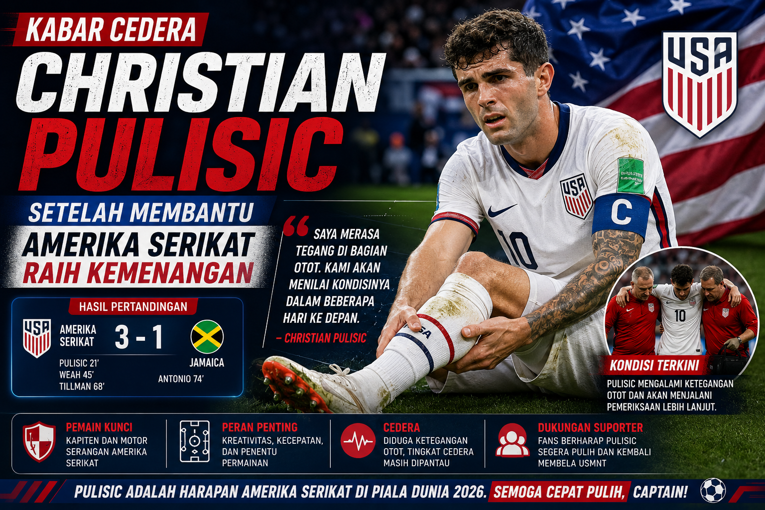 Kabar Cedera Christian Pulisic setelah membantu Amerika Serikat meraih kemenangan