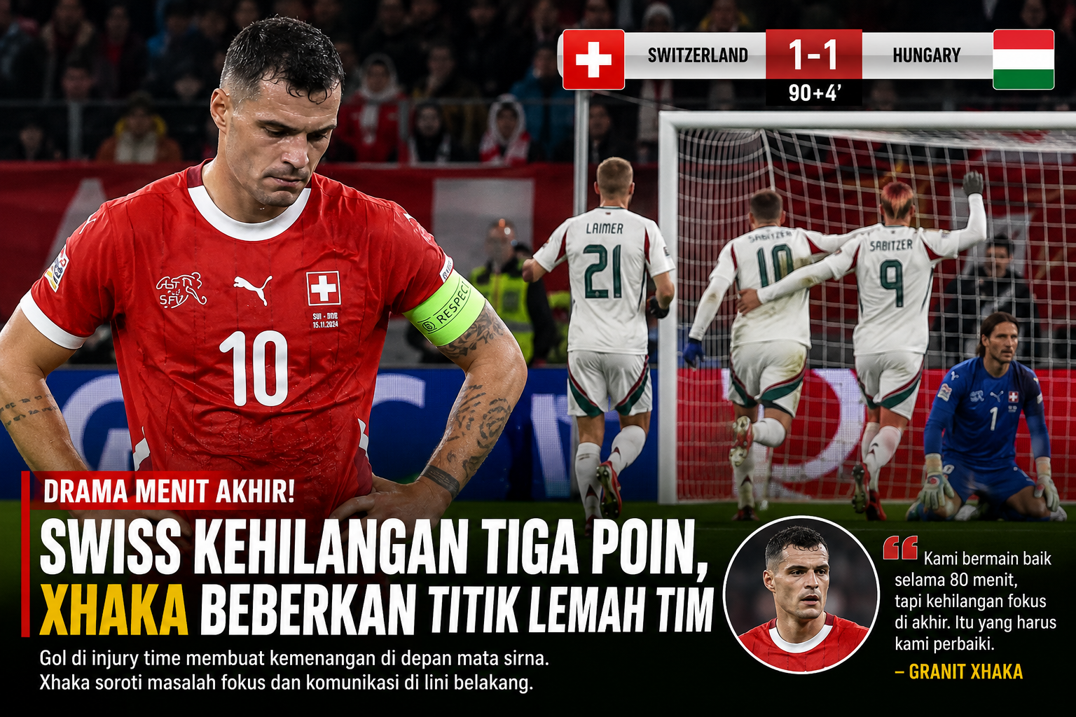 Swiss kehilangan tiga poin setelah kebobolan pada menit akhir pertandingan