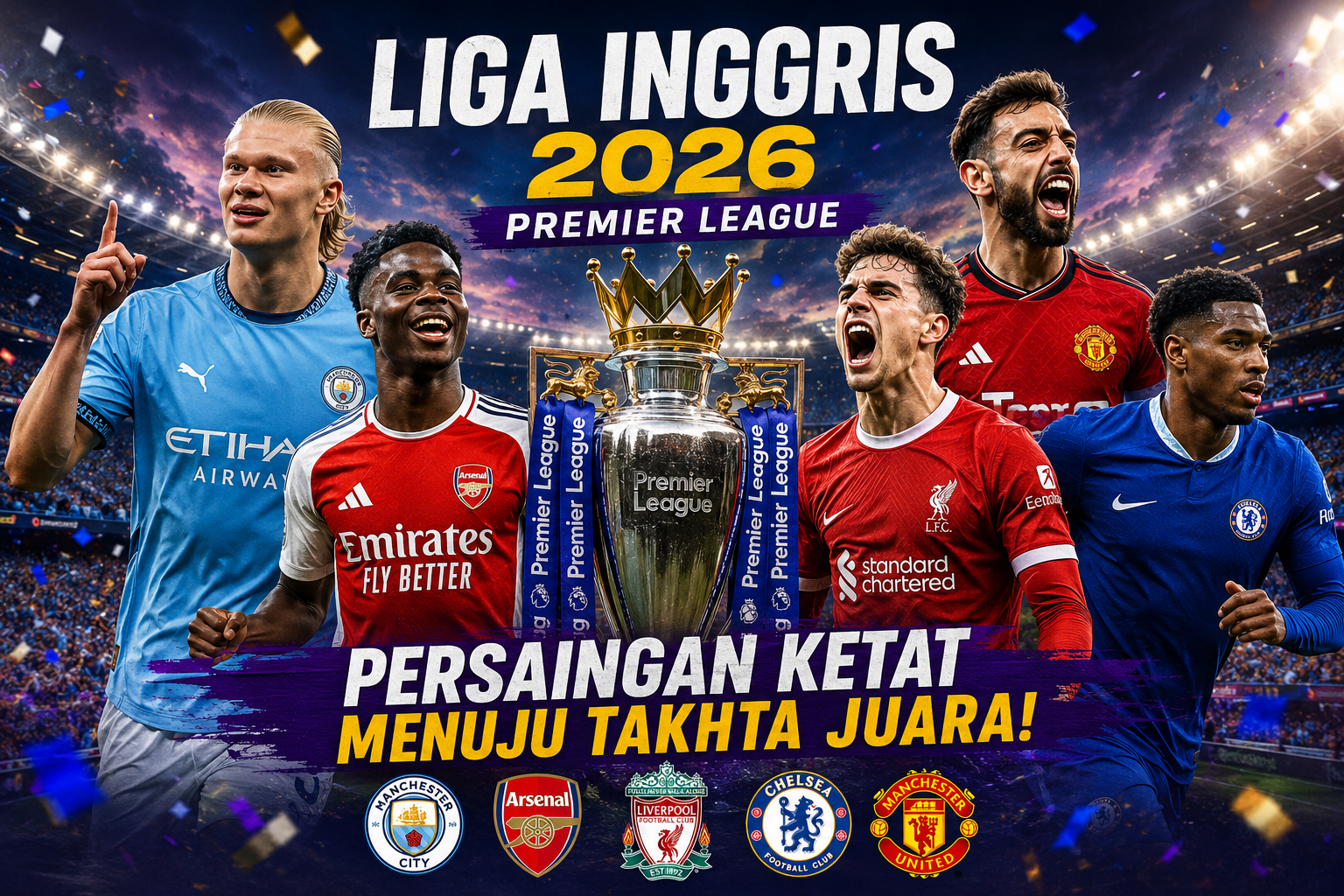 Trofi Premier League dengan latar stadion penuh suporter pada musim Liga Inggris 2026