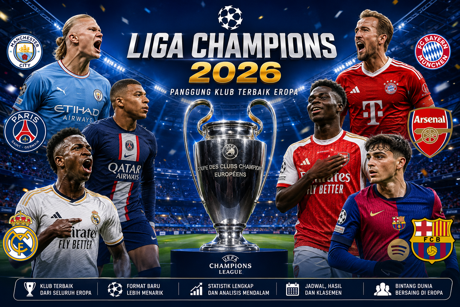 Trofi Liga Champions UEFA di tengah stadion penuh penonton pada musim 2026