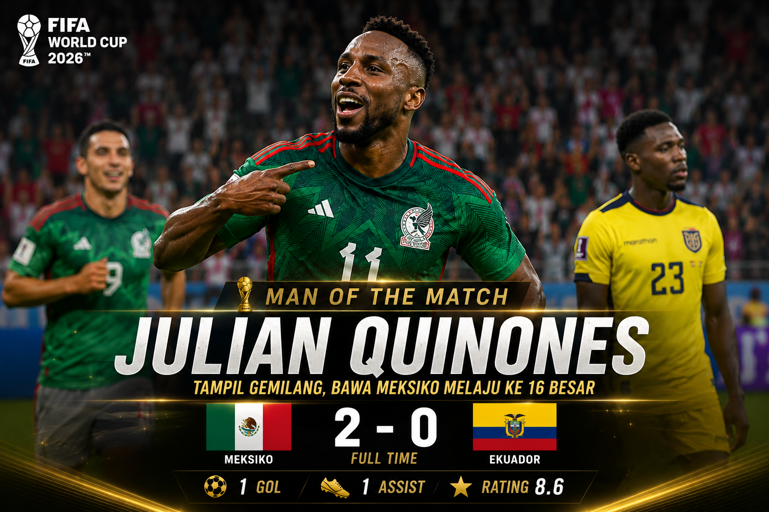 Julian Quinones merayakan gol saat Meksiko mengalahkan Ekuador di Piala Dunia 2026