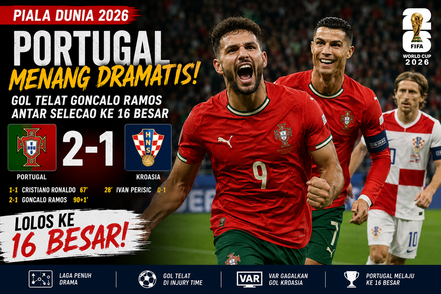 Pemain Portugal merayakan gol kemenangan atas Kroasia di Piala Dunia 2026