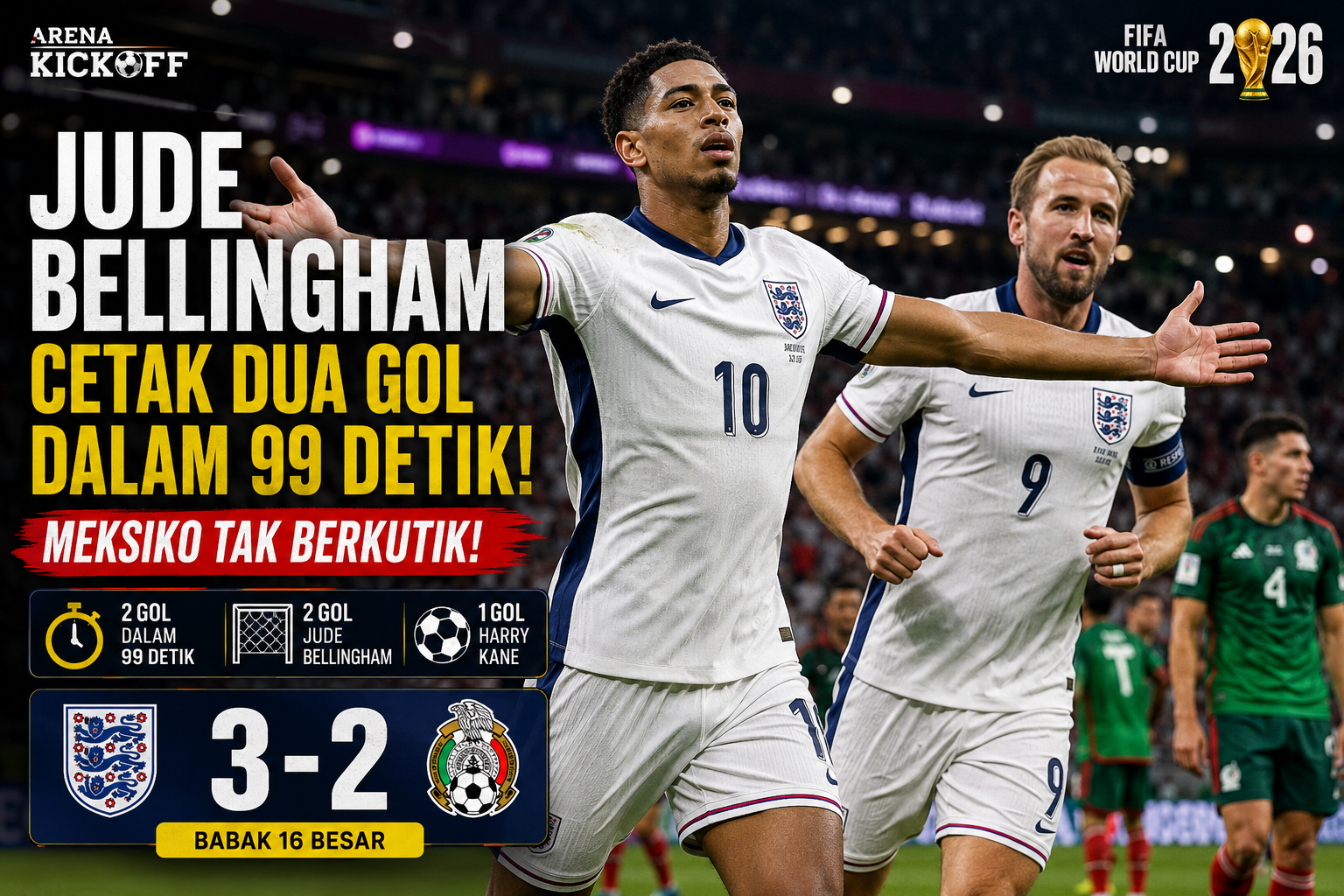 Jude Bellingham merayakan dua gol cepat ke gawang Meksiko pada babak 16 besar Piala Dunia 2026