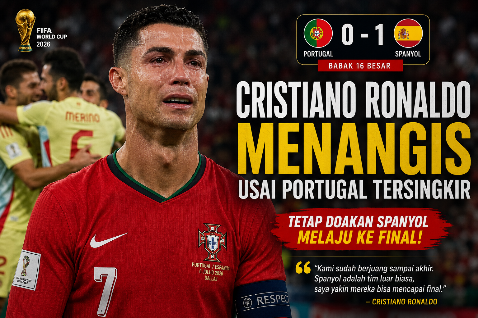 Cristiano Ronaldo menangis setelah Portugal tersingkir dari Piala Dunia 2026 melawan Spanyol