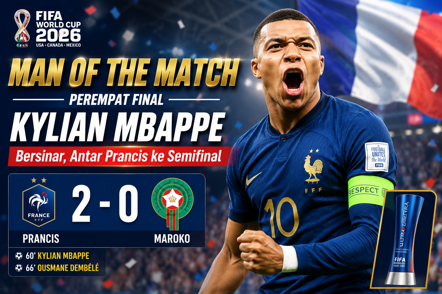 Kylian Mbappe Man of the Match Prancis vs Maroko di Piala Dunia 2026